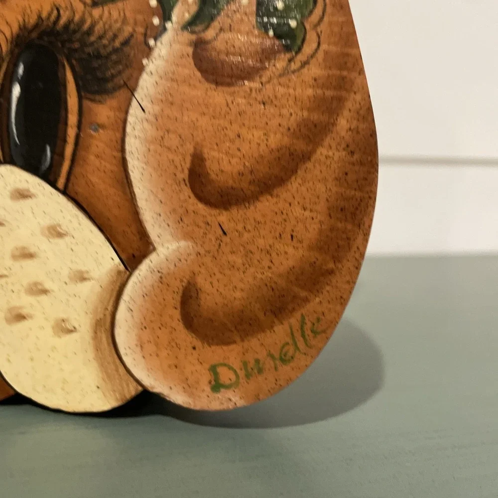 Vintage Hand Painted Wood Puppy Dog‎ Door Stop Floral Rustic Cottagecore